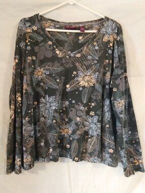 Women's GLORIA VANDERBILT Shirt Size 2X Top floral glitter long sleeve flower